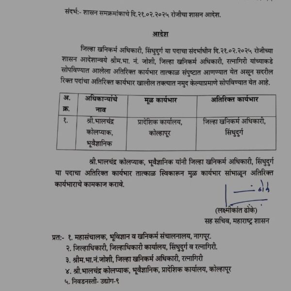 सिंधुदुर्ग जिल्हा खनिकर्म अधिकारी पदाचा अतिरिक्त कार्यभार भालचंद्र कोलप्याक यांच्याकडे