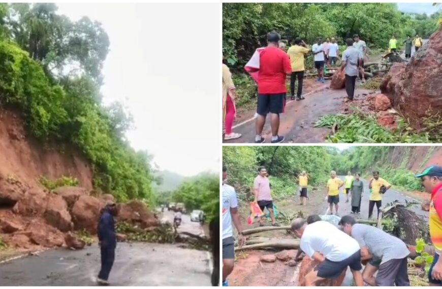 दाभोली येथे मुख्य रस्त्यावर दरड कोसळली, सुदैवाने त्या वेळी वाहतूक नसल्याने मोठा अनर्थ टळला
