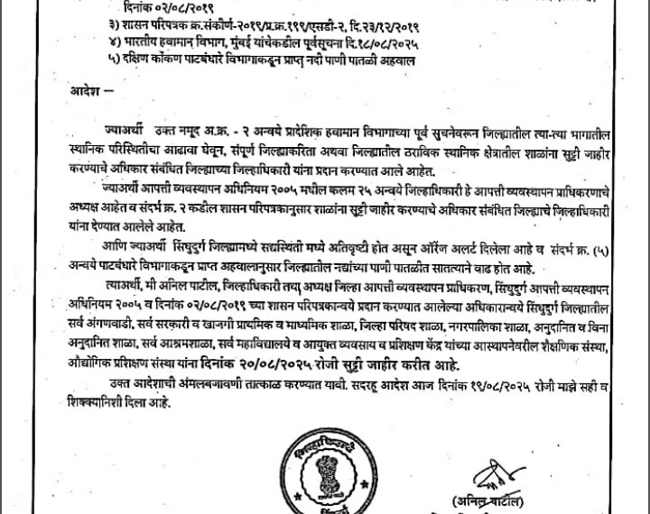 20 ऑगस्ट रोजी जिल्ह्यातील सर्व शाळा कॉलेज ना सुट्टी