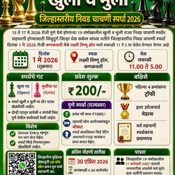 सिंधुदुर्ग जिल्हा चेस सर्कल आयोजित 19 वर्षाखालील खुली व मुली निवड चाचणी स्पर्धा