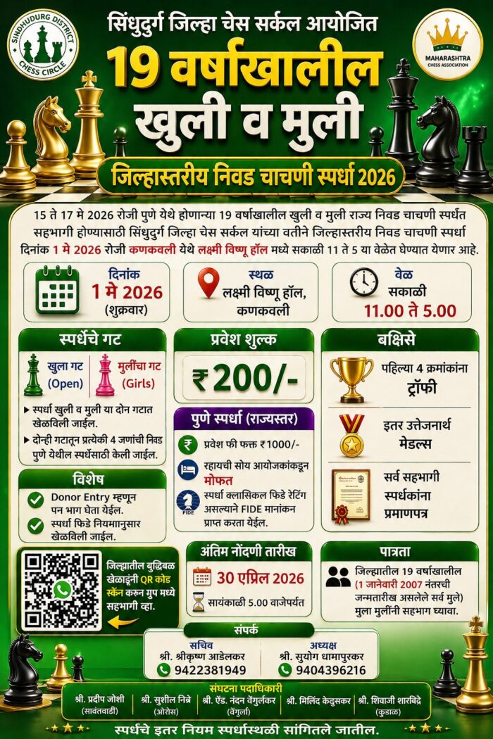 सिंधुदुर्ग जिल्हा चेस सर्कल आयोजित 19 वर्षाखालील खुली व मुली&hellip;
