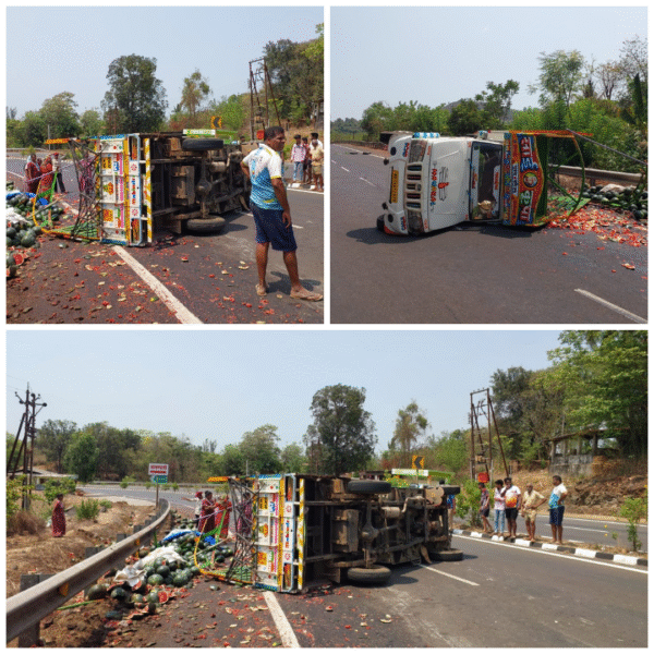 मुंबई – गोवा राष्ट्रीय महामार्गावर नडगिवे बांबरवाडी येथे कलिंगड भरलेला टेम्पो पलटी होऊन अपघात