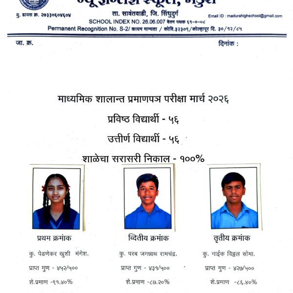 मडुरा हायस्कूल एस. एस. सी निकाल 100% खुशी मंगेश पेडणेकर प्रथम 91.40%