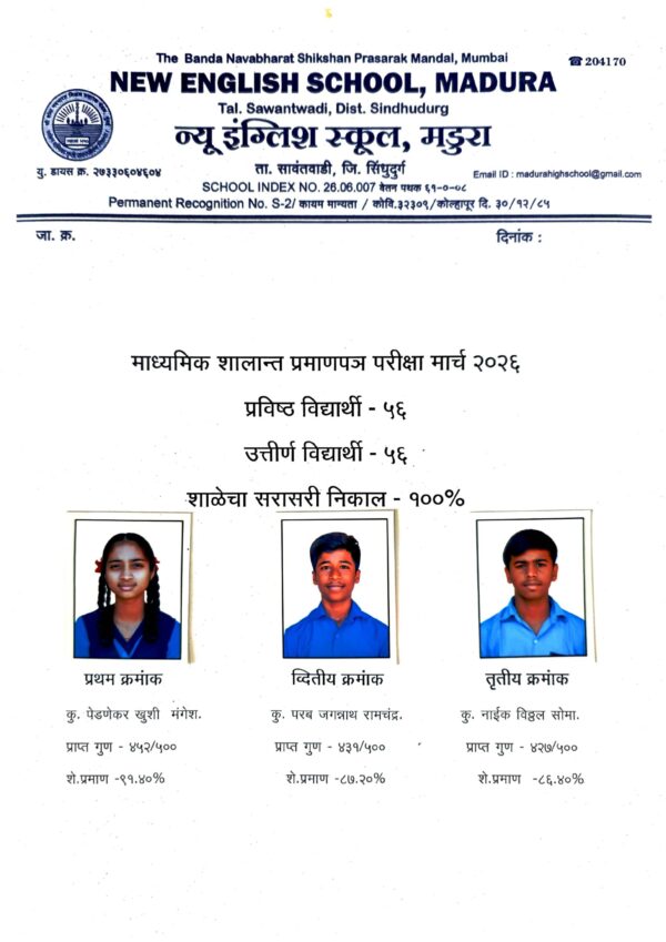 मडुरा हायस्कूल एस. एस. सी निकाल 100% खुशी मंगेश पेडणेकर&hellip;
