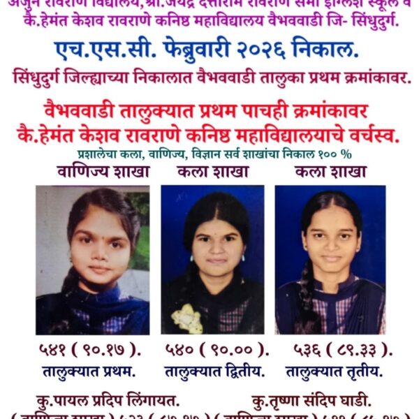 कै. हेमंत केशव रावराणे कनिष्ठ महाविद्यालयाची आकांक्षा अजित खाडये ९०.१७ टक्के गुण मिळवून वैभववाडी तालुक्यात प्रथम