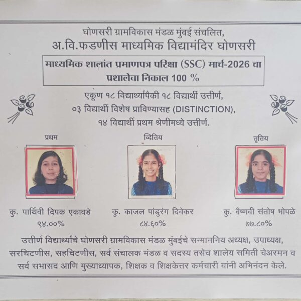 अ. वि. फडणीस माध्यमिक विद्यामंदिर घोणसरीचा निकाल १००%
