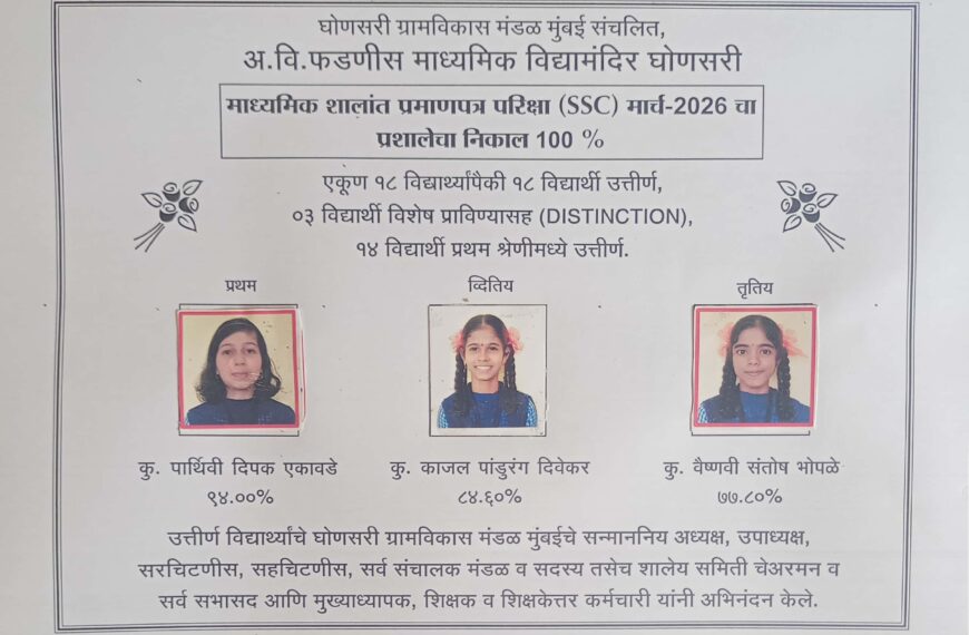 अ. वि. फडणीस माध्यमिक विद्यामंदिर घोणसरीचा निकाल १००%