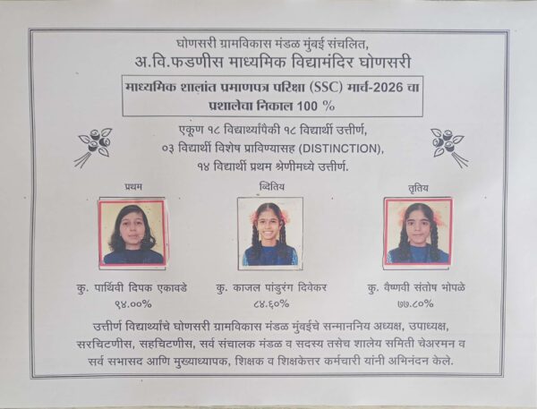 अ. वि. फडणीस माध्यमिक विद्यामंदिर घोणसरीचा निकाल १००%