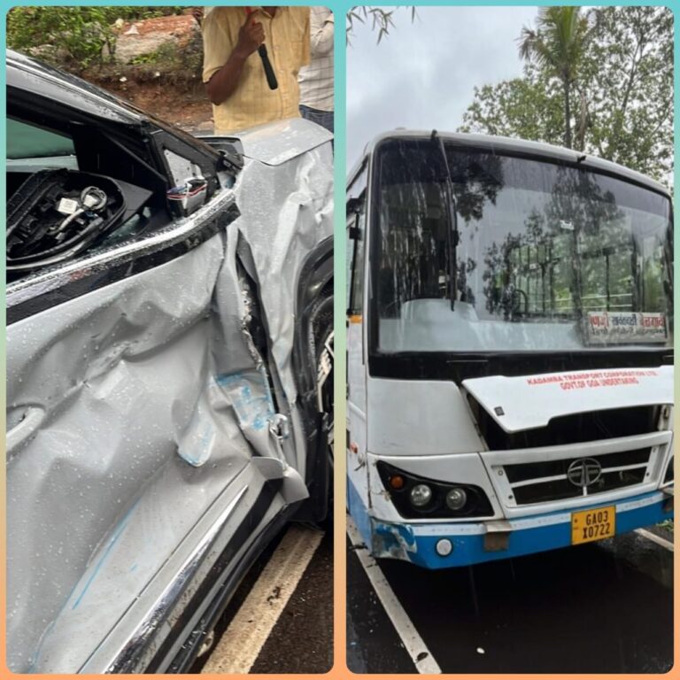 इन्सुली-कोंडवाडा येथे कदंबा बस व कारची धडक; कारचे मोठे नुकसान