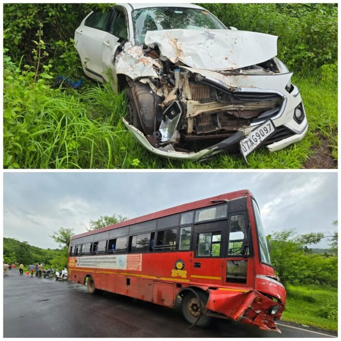 तिथवली जामदापुलाजवळ एसटी बस आणि कार यांच्यात अपघात