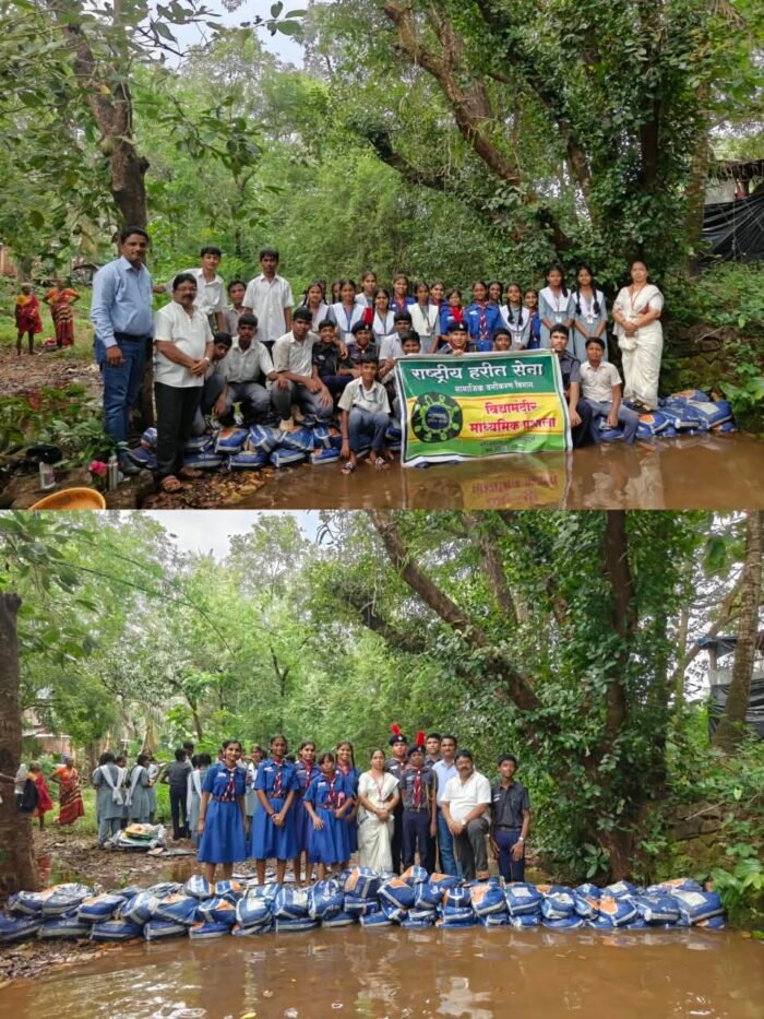 वागदे नमसवाडी येथे विद्यामंदिर हायस्कूलच्या राष्ट्रीय हरित सेनेतर्फे बंधारा बांधला